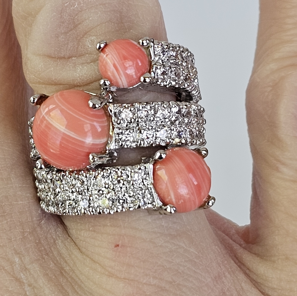 Rare Vintage Genuine Salmon Coral & CZ Wrap Around Ring Sterling Silver Sz 7! - Picture 6 of 9